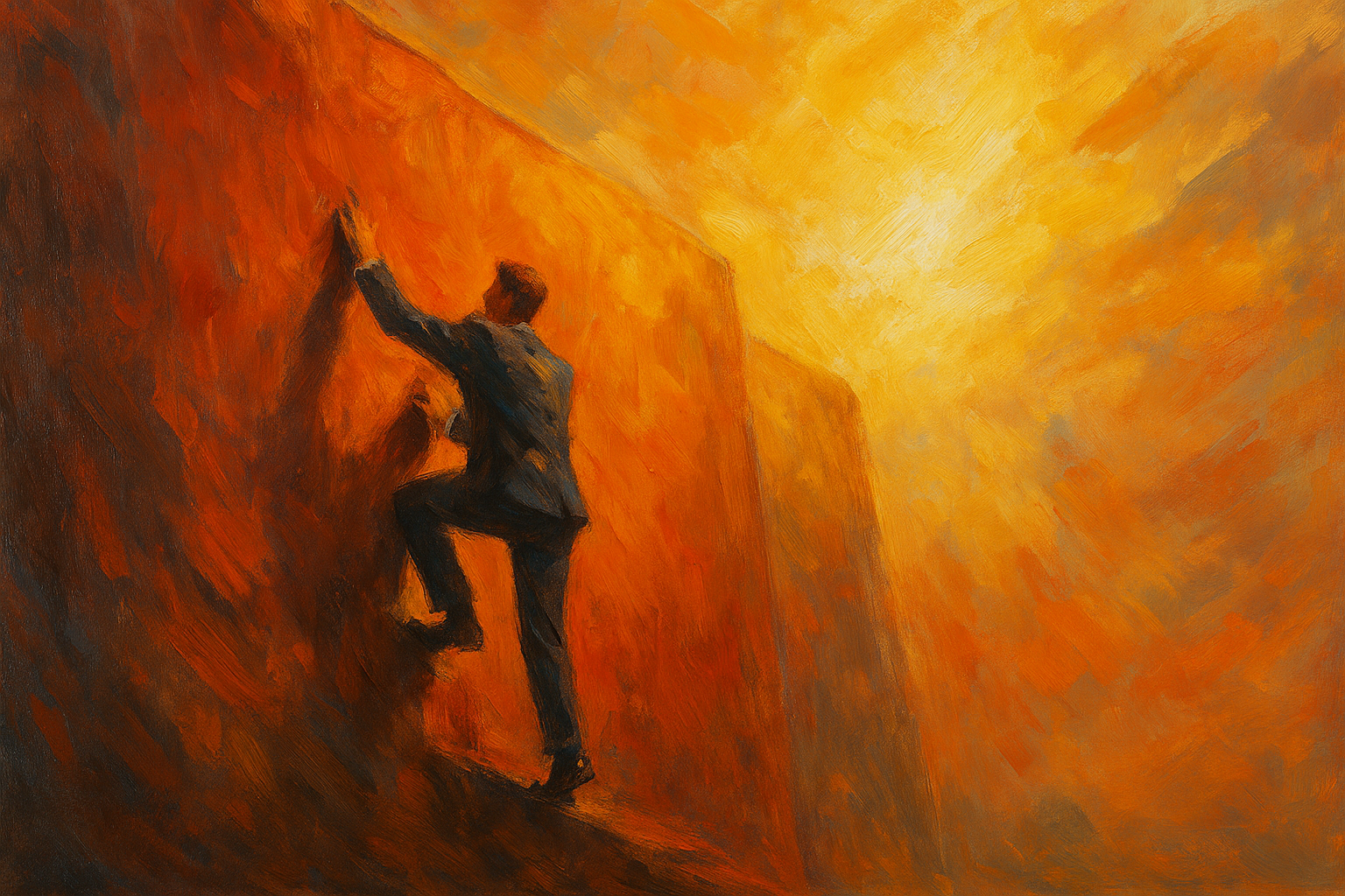 求められるレベルが高すぎる壁を乗り越えようとするビジネスマンを描いた暖色系の油絵風イラスト