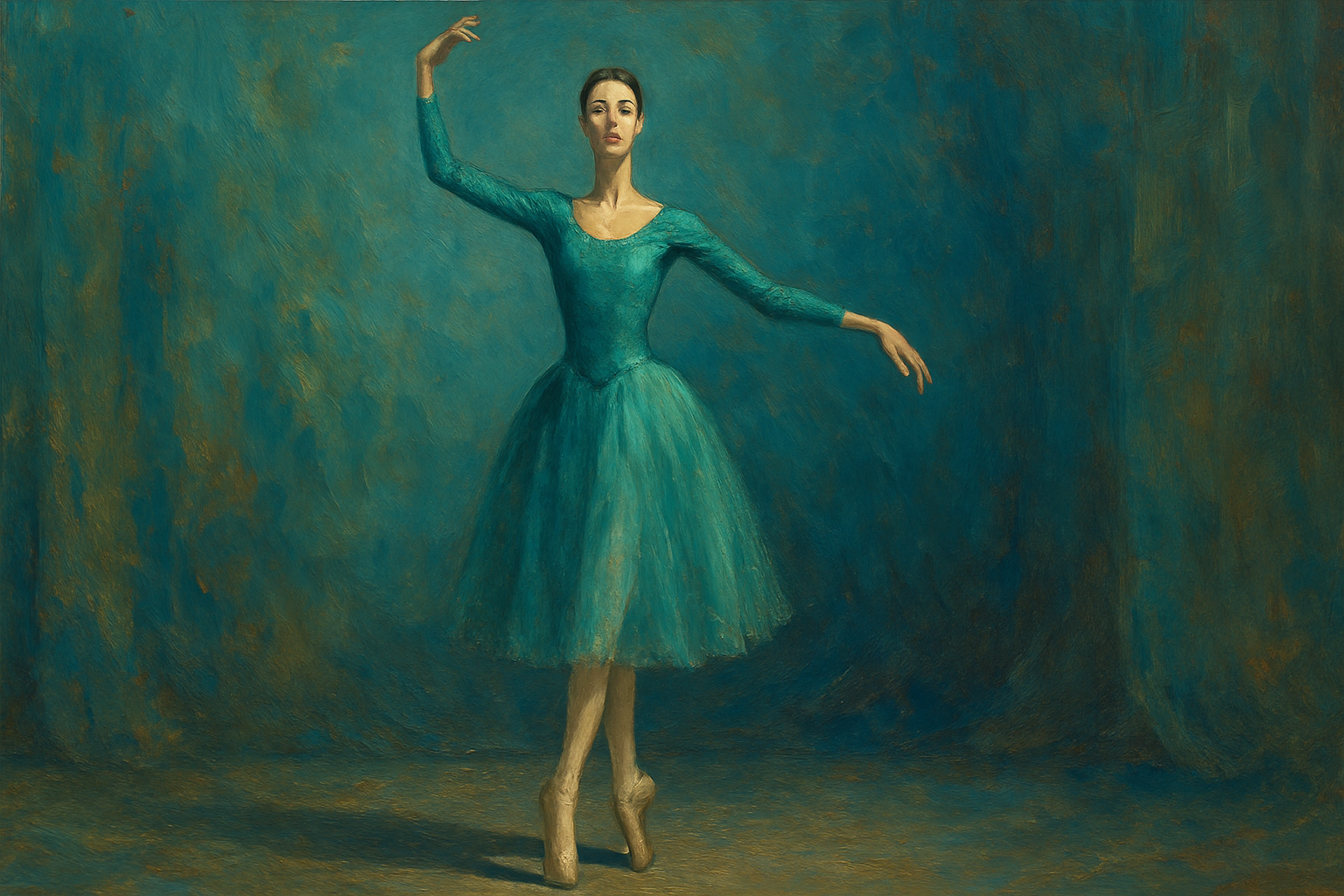 背の高いバレリーナが中央で決めポーズを取っている、美しく温かみのある青緑基調のクラシカルな油絵